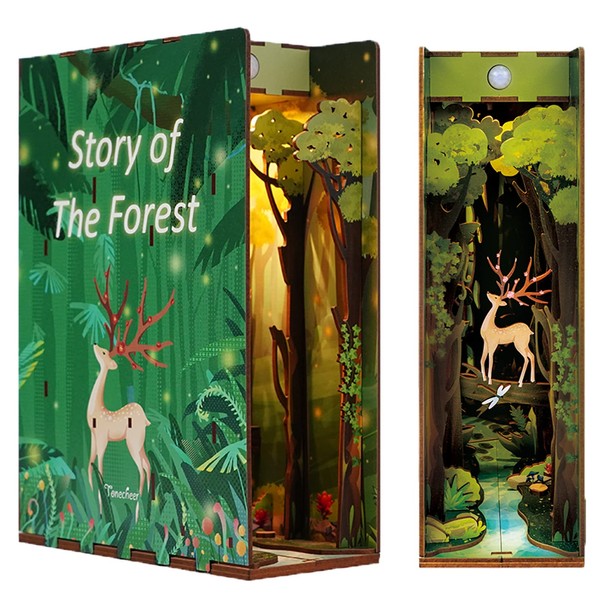 Roroom DIY Book Nook Kit, DIY Dollhouse Booknook Bookshelf Insert Decor Alley,3D Wooden Puzzle with Sensor Light Book Nook Bookshelf Insert Wood Bookend Model Building(Story of The Forest)