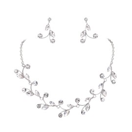 Clearine Women's Rhinestone Crystal Marquise-cut Leaf Pendant Necklace Earrings Jewellery Set for Wedding Bridal Party Clear Silver-Tone