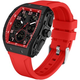 findtime Rectangular Men's Watch Cool Design Creative Men's Watches Digital Analogue Quartz Wrist Watch with Double Time Timer Stopwatch 5ATM Waterproof White Sports Watch, red, Strap.