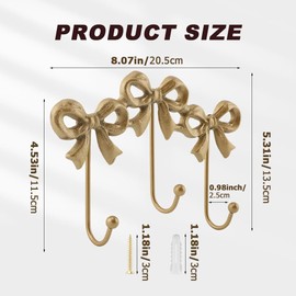 Giyochie 3-Pack Gold Bow Wall Hooks, Vintage Iron Wall Mounted Hooks for Hanging Coats, Towels, Bags, Decorative Hardware for Bathroom, Living Room, Includes Screws and Anchors
