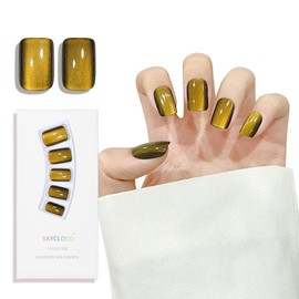 Yellow Cat Eyes Press On Nails,12 Sizes - 24 Pcs Soft Gel Yellow Medium Square Fake Nails Kit with Nail Glue, Natural Reusable Stick On False Nails for Women and Girls (Skycloud Nails) SK0926