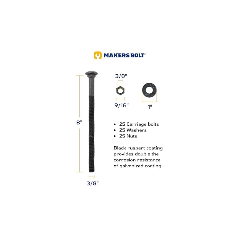3/8 x 8 (25 Pack) Black Carriage Bolt Kit, Ceramic