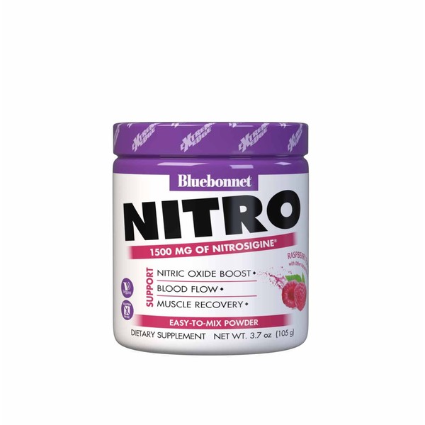 Bluebonnet Nutrition Extreme Edge Nitro Powder, Nitric Oxide Precursor*, Increase Blood Flow*, Soy-Free, Gluten-Free, Vegan, Raspberry Flavor, 3.7 oz, 30 Servings