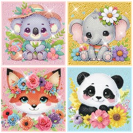 MISCER 4 pack Diamond Painting Art Kits, 5D Animal DIY Diamond Painting kits for Beginners, Cute Panda Elephant Fox Koala Full Round Drill Gem Art Crafts for Home Wall Decor Present 15x15cm
