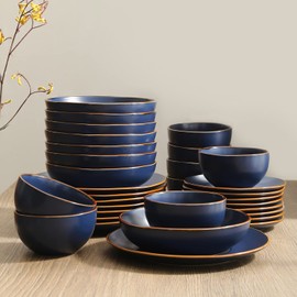 Stone Lain Brasa Stoneware 32 Piece Modern Dinnerware Sets, Plates and bowls, Service for 8, Blue, Microwave & Dishwasher Safe