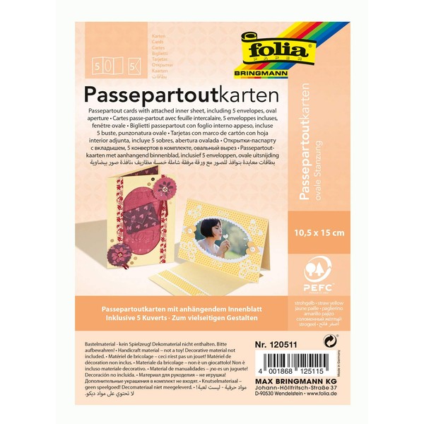 folia 120511 - Passepartouts mit ovaler Stanzung, ca. 10,5 x 15 cm, 5 Karten (220 g/qm) und Kuverts, strohgelb - ideal für Einladungen, Glückwunsch- oder Grußkarten
