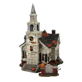 Department 56 Elvira Mistress of The Dark Village Fallen Church of Fallwell Lit Building and Figurine Set, 10.67 Inch, Multicolor