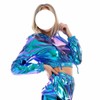 SNOMYRS Rave Outfit Plus Size Metallic Tops Long Sleeved Hooded