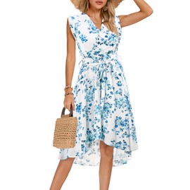 Womens Summer Wrap Maxi Bohemian Dress Floral High Low Bridal Shower Evening Wedding Guest Dress White & Blue Floral L