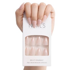 OFFHU Press On Nails,French Tip Press On Nails, Soft Gel Stick On fake Nails, Reusable Short Press On Nails Almond Kit for Women, 30Pcs in 12 Sizes with Nail Glue (Classic Nude Solid, Medium)