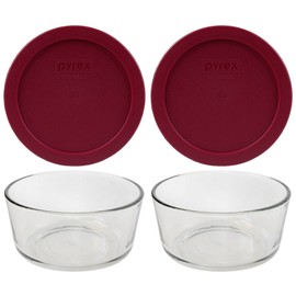 Pyrex 7201 Round Glass Food Storage Bowl w/ 7201-PC Sangria Red Lid (2-Pack)