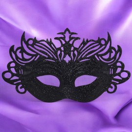 MIJOMA Glitter Eye Mask - Elegant Black Plastic Carnival Mask with Satin Ribbons
