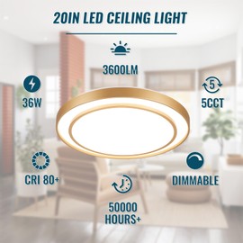 Wheatronic 20 inch Flush Mount Ceiling Light Fixture LED 36W, Gold Dimmable Fixture Ceiling Mount Overhead, Modern Close to Ceiling Light 5CCT for Living Room,Kitchen, Bedroom