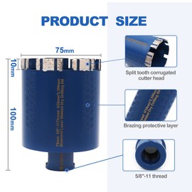 HIGHDRIL Diamond Core Drill Bit,Diameter 3inch/75mm with 5/8-11 Thread,Dry Hole Saw with Side Protection for Coring or Making Holes in Granite,Marble,Hard Stone