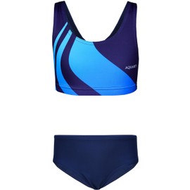 Aquarti Girls' Sports Bikini Racerback Bustier & Bikini Briefs, Waves blue dark blue, 158