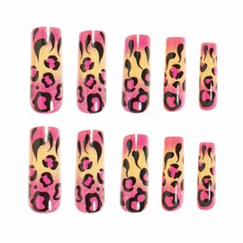 BABALAL Long Press on Nails Square Fake Nails Pink Yellow Ombre Summer Acrylic False Nails Cheetah Hottie Gyaru False Nails 24Pcs Squoval Glossy Full Cover Stick on Nails for Women Girls