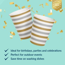 PAW - Disposable Paper Cups (8,5 oz, 50-Pack), Hot & Cold Paper Coffee Cups, Drinking Cups with Gold & Silver Stripes Theme for Birthday, Party, BBQ, New Year's Eve, Picnic