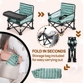 Toddler Booster Seat for Dining Table & Kitchen Chair - Portable Foldable with Removable Tray, Baby Camping Chair 6-36 Months Indoor Outdoor (Green Stripe)