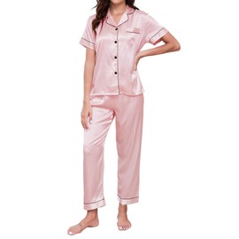 TeJoyce Pyjamas for Women Satin Pjs Set Soft Ladies Silk Pyjamas Pjs Set Short Sleeve and Pants 2 Piece Silk Satin Pajamas Set Sleepwear Button Down Loungewear Pink