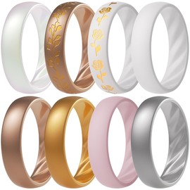 ThunderFit Silicone Ring Wedding Bands for Women, Promise Rings with Elegant Wavy Grooves, 6mm Wide, 2mm Thick, Breathable, Women's Rubber Engagement Rings, Variety Multipack 1-4-8