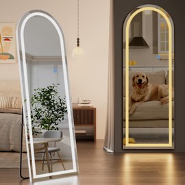 Koonmi LED Arched Full Length Mirror, 65"x24" Full Length Mirror with Lights, Lighted Floor Mirrors with Stand, Full Body Mirrors with Dimming & 3 Color Lightingfor Living Room Cloakroom, White