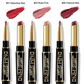 3Pcs Seductive Red, Nude Pink, Oxblood Red Matte Lip Liner & Lipstick Set – Double-Ended 2-in-1 Lip Liner and Matte Lipstick Combo, 24-Hour Wear, Smudge-Proof, Non-Drying, Lightweight, lapiz de labios