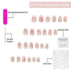 White French Tip Press on Nails Short Oval SWEKKE Fake Nails Floral False Nails with Gold Curve Line Rose Bow Pearls Designs Cute Glossy Glue on Nail Acrylic Nail for Women Girls 24Pcs