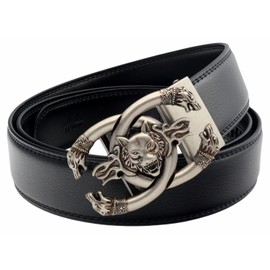 QHA Mens Ratchet Leather Belts for Men Jeans Dress Wolf Automatic Belt Buckle Q19 Silver Black 32"-38"