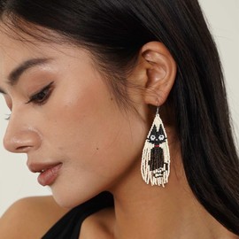 HZMAN Boho Beaded Earrings for Women Acrylic Beads Cute Black Cat Long Tassel Dangle Earrings Fringe Christmas Earring Jewelry Gift