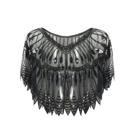 BABEYOND 1920s Shawl Wraps Sequin Beaded Evening Cape Bridal Shawl Bolero Flapper Cover Up (Y-Black)