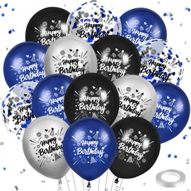 RUMIA Blue Birthday Balloons 24Pcs Navy Blue Black Silver Happy Birthday Latex Balloons Confetti Balloons for Men Boy Girls Birthday Anniversary Party Decorations Supplies 12 inches