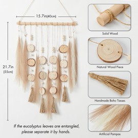 Pretty Jolly Artificial Hanging Pampas Plants Wall Decor with Wooden Beads Stick Fake Greenery Leaves Tassel Garland Art Boho Rustic Farmhouse Design for Bathroom Bedroom Living Room