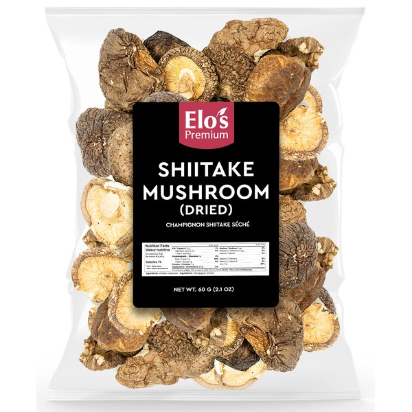 Dried Shiitake Mushroom (60g) Packed in Canada| Umami Fresh Flavour, Wild Harvested Mushroom| Vegan, No Additives, Top Grade Black Mushroom Vacuum Sealed| Rehydrate Quickly, Great Stir Fry, Soup, Salad and More| By Elo’s Premium