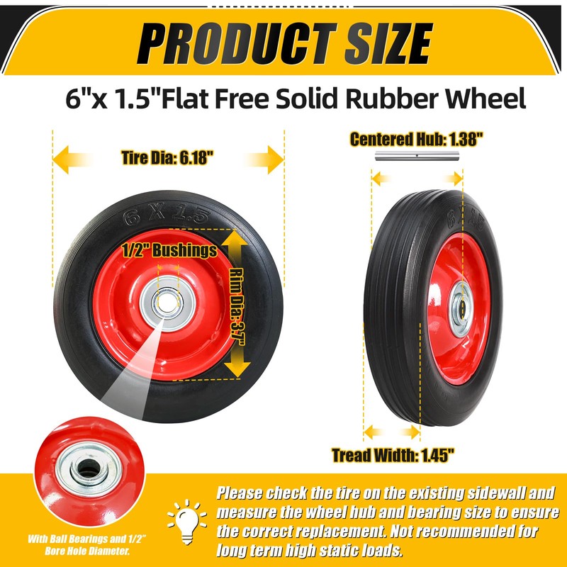 MZREXN 6" x 1.5" Flat Free Solid Rubber Tire and