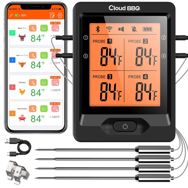 Cloud BBQ Wireless Meat Thermometer of 500FT, Bluetooth Meat Thermometer for Smoker Oven, Grill Thermometer with Four Probes, Smart Rechargeable BBQ Thermometer for Cooking Turkey Fish Beef