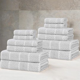 Superior Naples Viscose Cotton Blend Medium Weight Towels, Guest Bath, Bathroom, Shower, Spa, Plush, Quick Dry, Ultra-Soft Towels, Bath Essentials, Ribbed Design, 12 Piece Assorted Towel Set, Platinum