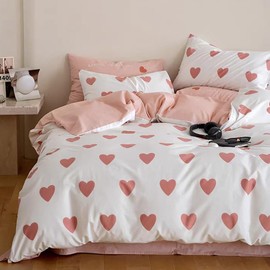 Michorinee Pink and White Heart Single Duvet Cover Set Aesthetic Pink Love Heart Bedding Set Reversible Microfiber Quilt Cover 135x200 cm Zipper Closure with Pillowcase 50x75 cm