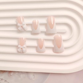 White French Tip Press on Nails Short Duck Fake Nails 3D Bow Pearl Full Cover French Artificial Glue on Nails Duckbill Shaped Acrylic Nails Nude Pink False Nails Reusable Artificial Nails Kit 24Pcs