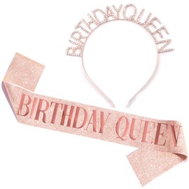 Birthday Queen Sash & Rhinestone Headband Set - Rose Gold Glitter Birthday Sash Birthday Gifts for Women Birthday Party Supplies