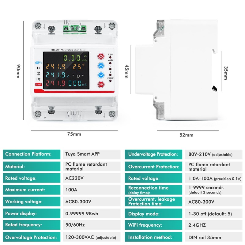 Smart meter 100A 220VAC smart meter electricity meter WiFi two-direction