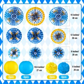Outus 21 Pcs Oktoberfest Decorations Set Includes Oktoberfest Hanging Paper Lanterns Paper Fans Tissue Pom Poms for German Bavarian Beer Festival Theme Party Hanging Decorations Supplies