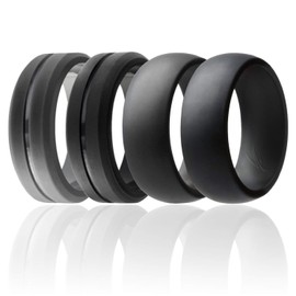 ROQ Silicone Rubber Wedding Ring for Men, Comfort Fit, Men's Wedding Band, Breathable Rubber Engagement Band, 8mm Wide 2mm Thick, Engraved Middle Line and Dome Solid, 4 Pack, Grey & Black, Size 14