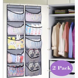 MISSLO 2 Pack Over the Door Storage Hanging Organiser with 5 Mesh Pockets Organizer for Bedroom, Bathroom, Closet, Wardrobe, Grey