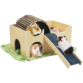 Fhiny Guinea Pig Hideout, Wooden Guinea Pig Castle with Ramp Bridge and Soft Mat Large Small Animal House Piggies Hideaway Hamster Habitat Decor for Chinchilla Hedgehog Squirrel Hamster Gerbil Rat