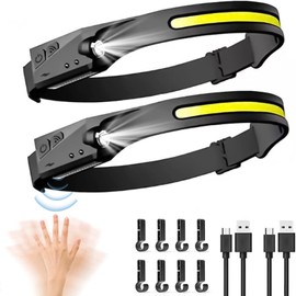 Gabrella Rechargeable Headlamp - 2 Pack Super Bright 350 Lumen with 5 Light Mode LED Headlamp 230°llumination Lampe Frontale | IPX4 Waterproof Lightweight COB Headlight for Camping | Running | Fishing