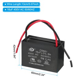 PATIKIL CBB61 Ceiling Fan Capacitor, 2Pcs 16uF 450V AC 50/60HZ with 2 Wires for Air Conditioner Fan Motor Star Run Capacitors 60 x 40 x 42mm