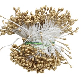 Pack of 240 Flower Stamens, Artificial Mini Pearl Flower Stamens, Double Heads Flower Stamens for Flower Making, Wedding, Party, Home, Scrapbook Decoration, Gold