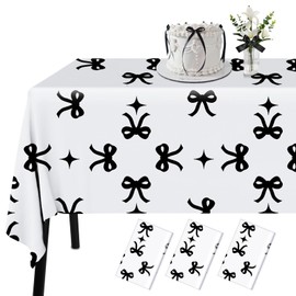 3Pcs Black Bow Plastic Tablecloth Disposable Rectangle Waterproof Table Cover Coquette Birthday Decorations for Girl Women Black and White Bow Theme Party Supplies Baby Shower Bachelorette Party Decor