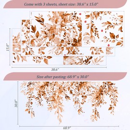 VePret Orange Plants Leaves Wall Decals Peel and Stick, Large Floral Flowers Vinyl Wall Stickers, Removable Vine Home Decor Art for Bedroom Living Room Classroom Office