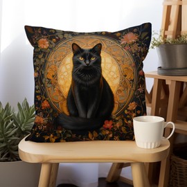 SUNFYCN William Morris Abstract Vintage Black Cat Design Throw Pillow Cover Home Decor, Art Deco Pillowcase Cushion Cover for Bed Sofa Living Room, Square Pillowcase 18x18inch (1, Black-CAT)
